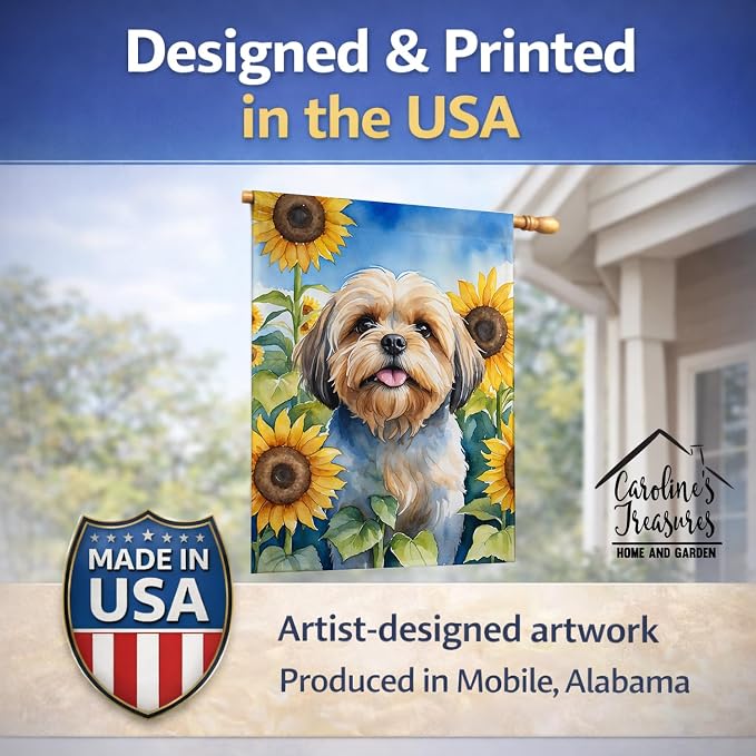 Caroline's Treasures DAC6116CHF Lhasa Apso in Sunflowers House Flag Large Porch Sleeve Pole Decorative Outside Yard Banner Artwork Wall Hanging, Polyester, House Size, Multicolor