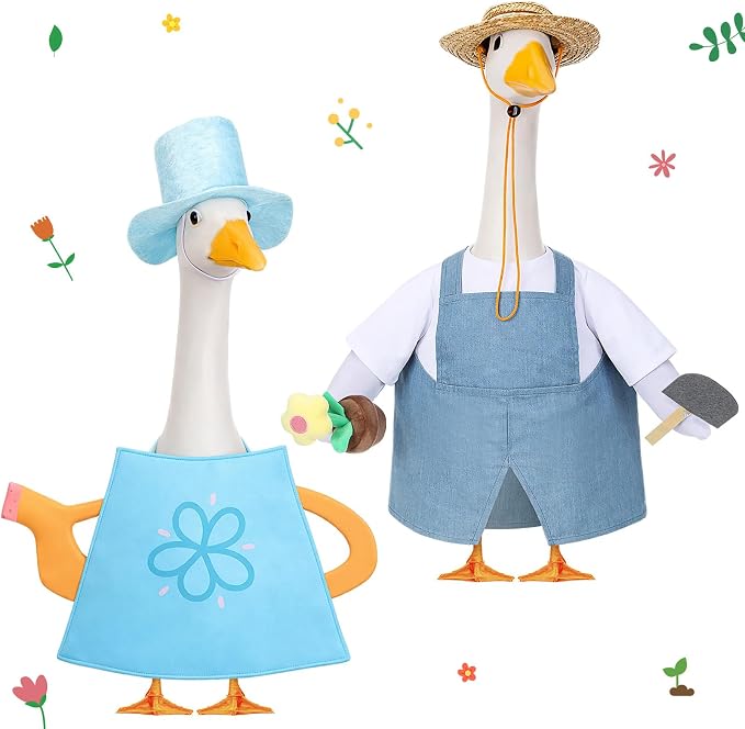 FuWeave 2 Set Porch Goose Outfit Spring Gardener Goose Clothes with Small Flower Pot for 23" Cement Outdoor Patio Yard Decor(Watering Can)
