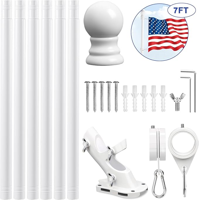 REERON Flag Pole for Outside House Porch Wall Mount, 7 FT 1" No Tangle Stainless Steel Spinning Flagpole Kit with 360° Metal Flag Pole Rings Clips & 2-Position Holder for 3x5' 4x6' American Flags
