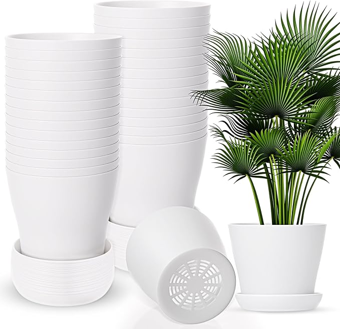 Yinder 32 Pcs 6 Inch Nursery Pots Flower Pots White Plastic Plant Pot Seed Starting with Saucers and Drainage Holes Plant Container for Herbs Houseplants Seeding Nursery Flowers