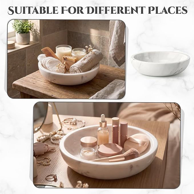LemonRoad Marble Decorative Bowl 7.8"x 2" White Round Stone Bowl for Fruit, Dog, Entryway Key, Kitchen Counter, Dining Table Centerpiece, Office Decor