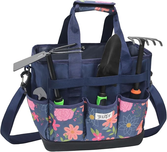 Garden Tool Bag with Hard Bottom, Multi-Pockets Gardening Tote with Shoulder Strap, for Women Outdoor Yard Plant Work Gift (Tools Not Included) (Blue Floral)