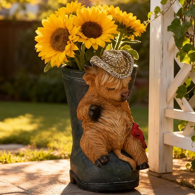 Rain Boot Planter with Sleeping Highland Cow - Unique Outdoor Resin Flower Planters for Garden Decor Patio Porch - Cute Decorative Pots for Succulents