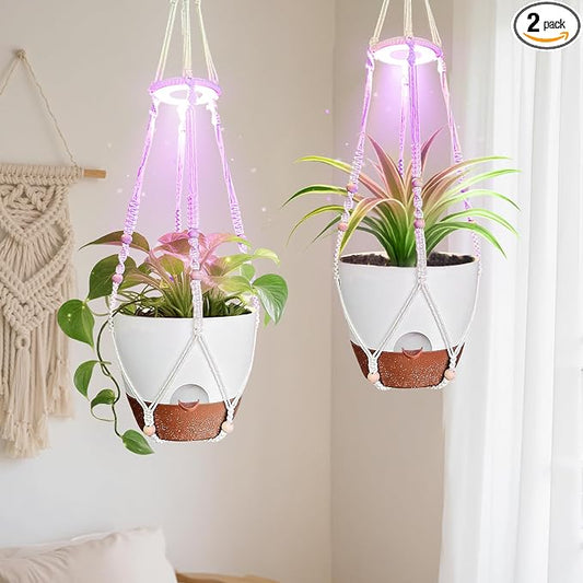 Hanging Planters for Indoor Plants: 2 Pack Macrame Plant Hangers with Grow Lights and Self-Watering Pots, Large Hanging Pots with Drainage Holes & Removable Tray（10in White Pot, GrowPro Spectrum）
