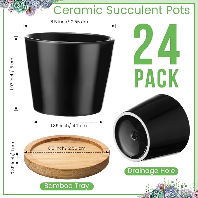 Hsei 24 Pack 2.5 Inch Mini Succulent Plant Pots Small Ceramic Flower Pot with Bamboo Tray Garden Cactus Herb Container Home Office Decoration for Birthday Graduation Wedding Favor Gifts (Black)