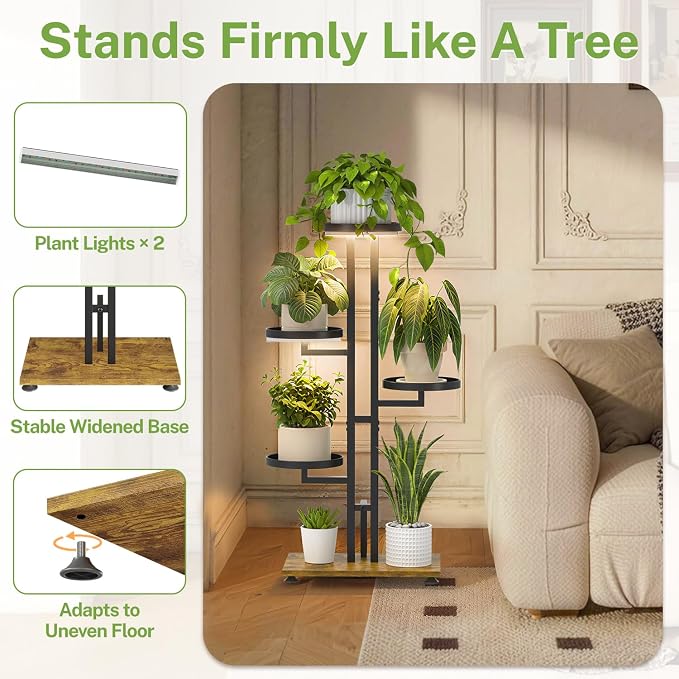 iDavosic.ly 4 Tier Plant Stand Indoor with Grow Light, Tiered Corner Multiple Flower Pot Holder Shelf, Metal Tall Display Rack for Patio Porch Living Room Bedroom, Black