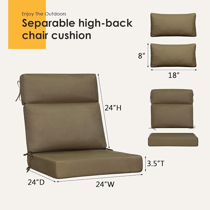 Sunbrella Outdoor High Back Chair Cushion, 2 Pack 48 x 24 inches Patio Chair Cushions Water Repellent Rocking Cushions Indoor Furniture Seat Pad with 2 Pillows, Specrtum Caribou