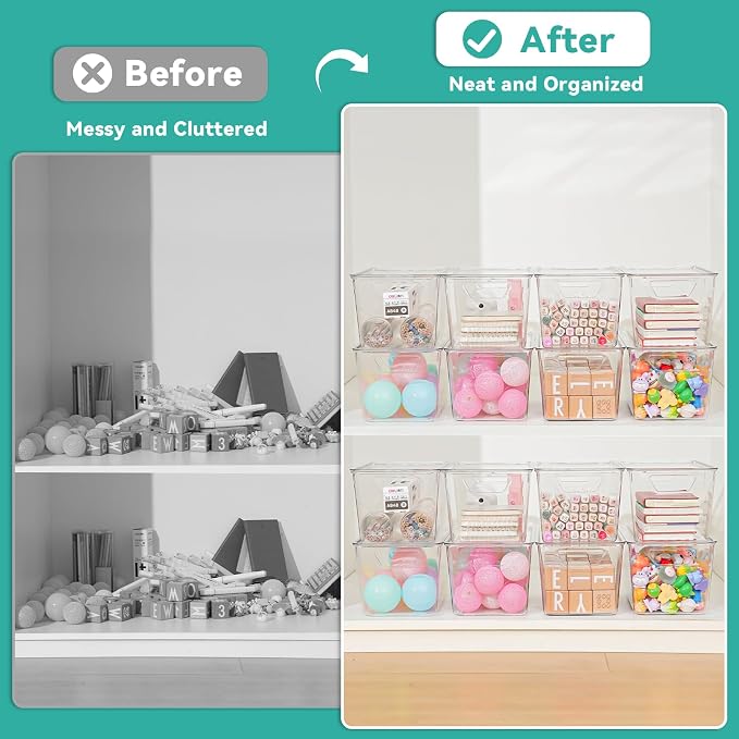 6 Pack Medium Clear Storage Bins with Lids, Acrylic Arts and Craft Storage Containers, Stackable Clear Plastic Craft Storage Bins with Handles for Pantry Organizers and Storage, Kitchen, Fridge,Office