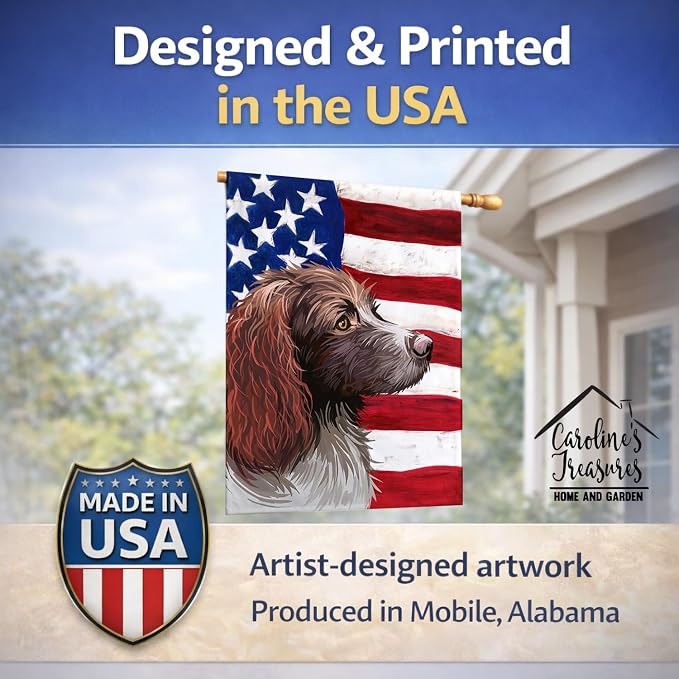 Caroline's Treasures CK6656CHF Pont-Audemer Spaniel Dog American Flag House Flag Large Porch Sleeve Pole Decorative Outside Yard Banner Artwork Wall Hanging, Polyester, House Size, Multicolor