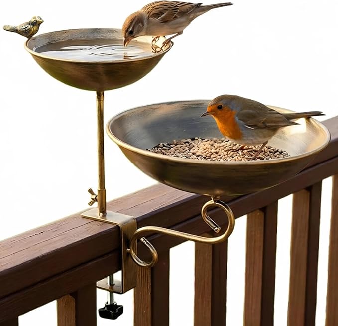 Deck Mounted Dual-Tier Bird Bath with Adjustable Clamp Metal Balcony Bird Bath & Bird Feeder for Railing, Patio, Fence – Easy Clean Outdoor Birdbath for Cardinals, Finches & Sparrows