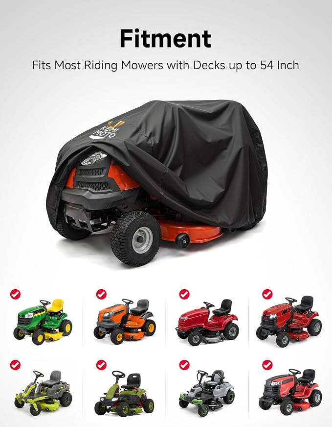 KEMIMOTO 600D Waterproof Riding Lawn Mower Cover, Windproof Riding Lawnmower Cover with Reflective Straps & Hanging Loops Design, Compatible with John Deere, Husqvarna, Cub Cadet, Toro, Ryobi and More