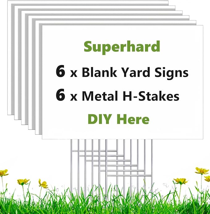 6 Pack 17 x 12 White Blank Yard Signs with Stakes, Weatherproof Corrugated Plastic Board Sign, Blank Lawn Signs for Outside Rent, Sale, DIY, Party, Event, Advertising, Garden, Guidepost Decorations