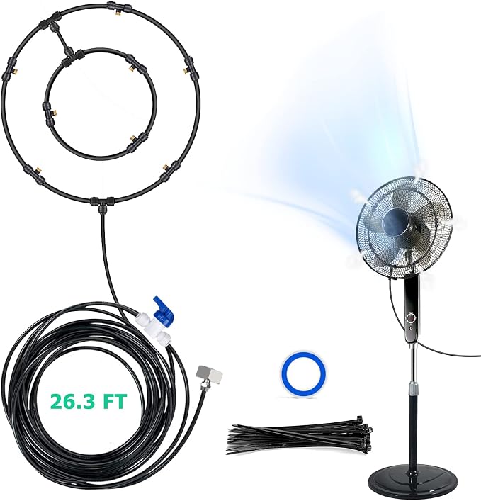 Mussozy Fan Misting Kit for Outdoor Cooling 26.3 FT Misting Hose 8 Brass Misting Nozzles Outdoor Fan Misting Cooling System Water Misting Fan for Outdoor Patio Garden Backyard Greenhouse Breeze