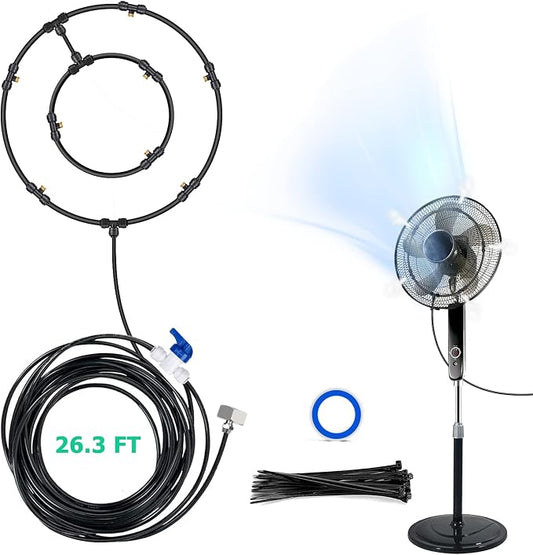Mussozy Fan Misting Kit for Outdoor Cooling 26.3 FT Misting Hose 8 Brass Misting Nozzles Outdoor Fan Misting Cooling System Water Misting Fan for Outdoor Patio Garden Backyard Greenhouse Breeze