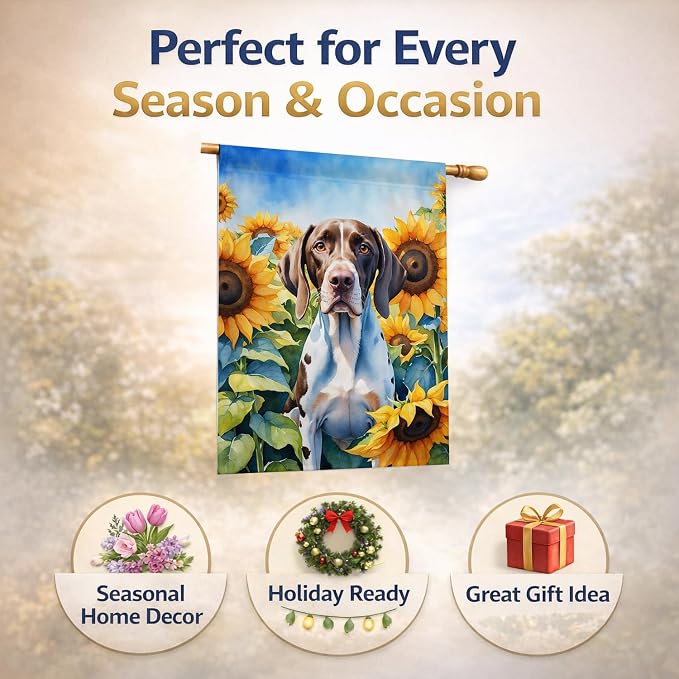Caroline's Treasures DAC6134CHF Pointer in Sunflowers House Flag Large Porch Sleeve Pole Decorative Outside Yard Banner Artwork Wall Hanging, Polyester, House Size, Multicolor