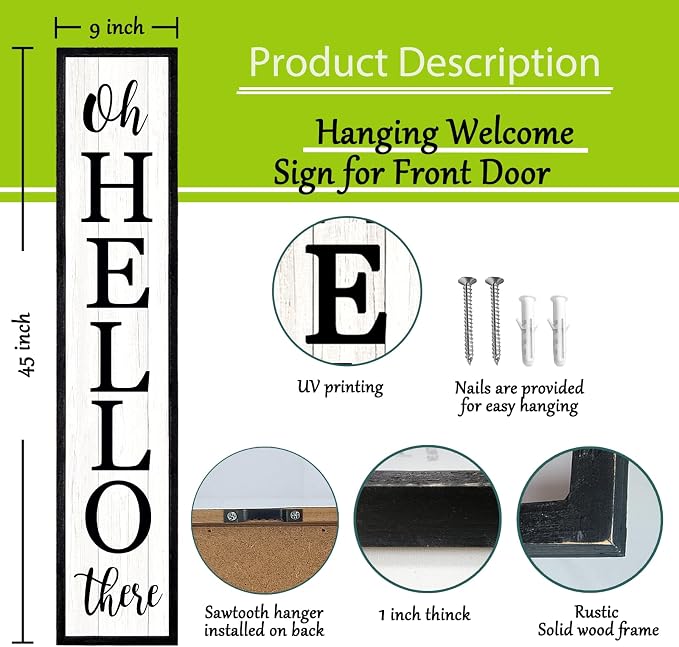 Oh Hello There Outdoor Welcome Sign For Front Porch Standing 45"X9" Large Rustic Farmhouse Vertical Tall Long Wooden Framed Outside Front Door Home Wall Decoration (Black)