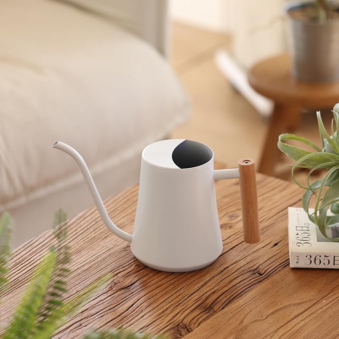 Green Moon 1L/35oz Metal Watering Can Indoor with Long Spout, White | Metal Stainless Steel Watering Can with Wood Handle for Indoor Plants, House Bonsai, Succulents, and Outdoor Garden Flowers