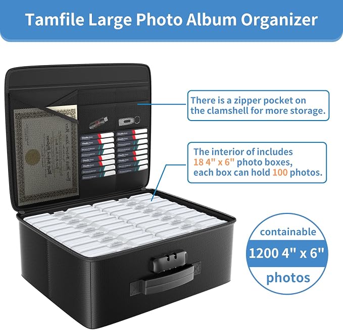 Fireproof Safe Photo Storage Box with 18 Inner 4" x 6" Clear Photo Cases, Portable Photo Organizer with Lock for Picture, Collapsible Photo Container with Handle and 18 Boxes 4 Sheet Label Stickers | Portable Photo Organizer with Lock for Picture, Coll...