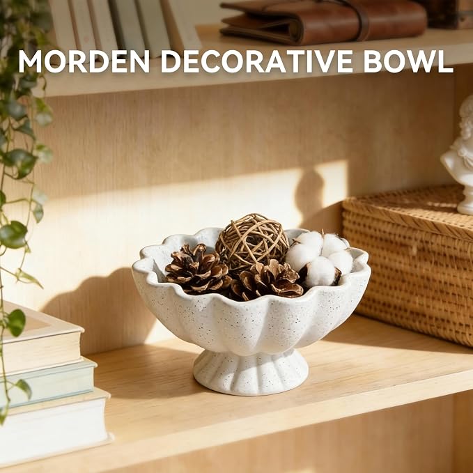Pedestal Decorative Bowl Home Decor - 7.9" Morden Resin Handmade Decorative Fruit Bowl for Kitchen Counter, Chic Ruffle Bowl Centerpiece Decor for Dining Table Coffee Table (Spotted White)