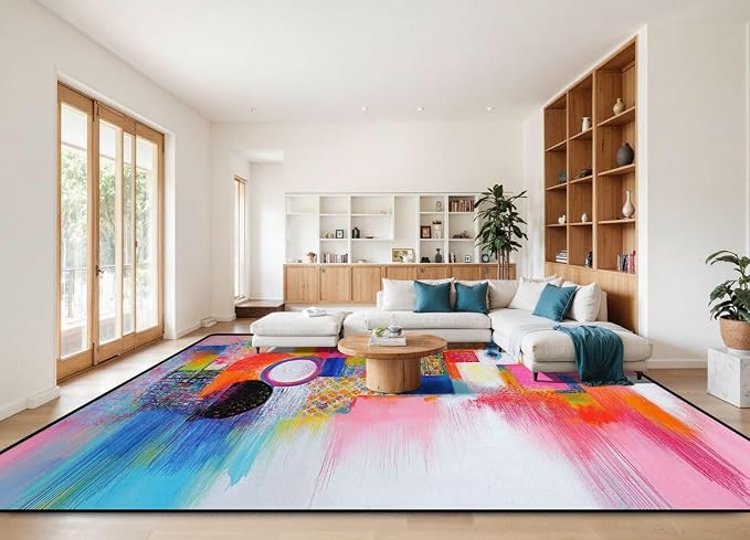 10x14 Area Rugs for Living Room Abstract Orange Pink Colorful Yellow Blue Red Texture Bold Strokes Washable Large Area Rug for Bedroom Non Slip Outdoor Carpets Soft Mats Kitchen Home Office Decor