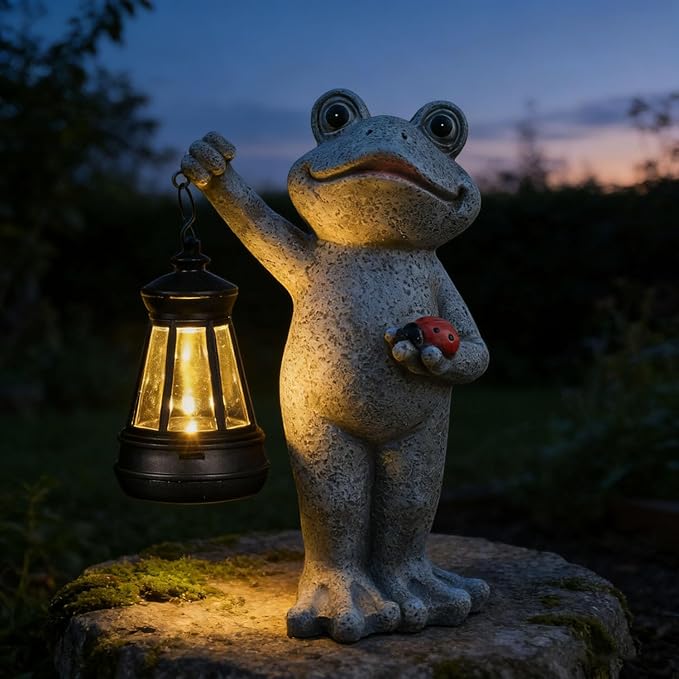 Frog Garden Statue Gifts Decor with Solar Outdoor Lantern for Patio Pathway Art Housewarming for Yard Decoration Lawn Ornament Gardening Gifts for Women Mom Grandma