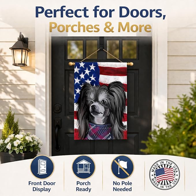 Caroline's Treasures CK6487CHF Chinese Crested Dog American Flag House Flag Large Porch Sleeve Pole Decorative Outside Yard Banner Artwork Wall Hanging, Polyester, House Size, Multicolor
