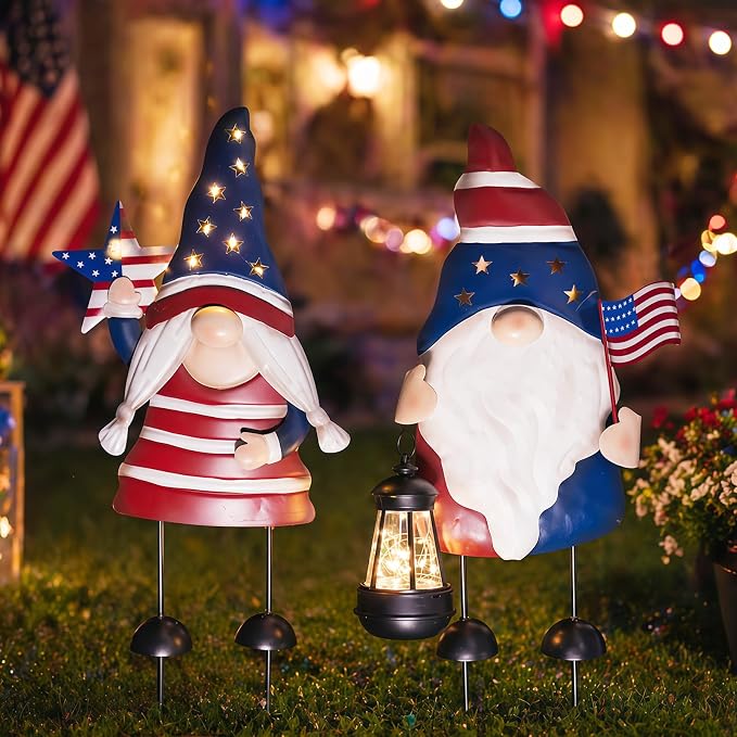 Solar Patriotic Gnomes Garden Stakes - 4th of July Decorations 25" American Flag Garden Gnomes Outdoor Decor for Outdoor & Memorial Day Yard Art 2 Pack