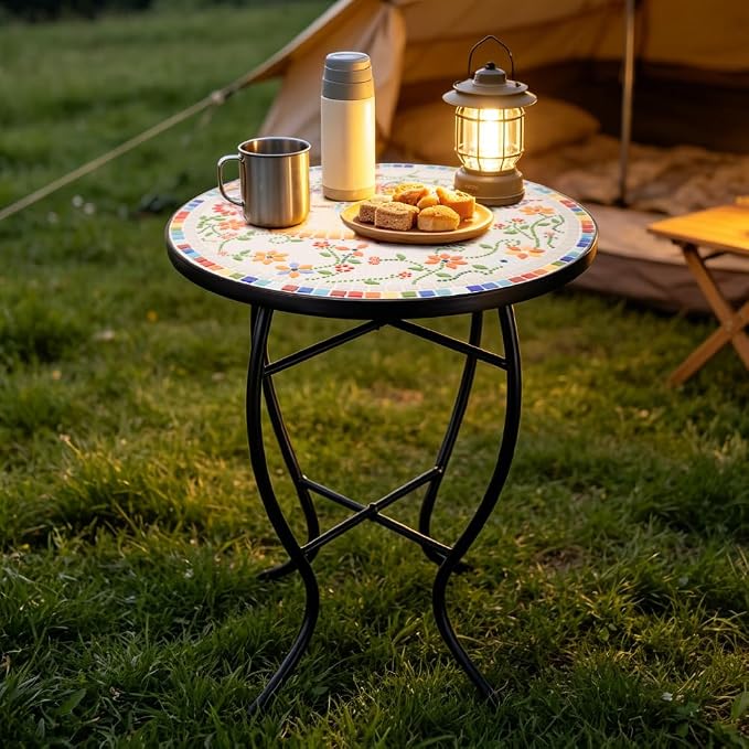 Mosaic Outdoor Side Table Small Round Patio Table Plant Stand | 21" Accent End Table with 14" Ceramic Tile Top for Small Spaces Porch Pool Garden Decor Indoor Living Room Bedroom Balcony
