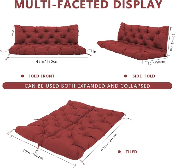 Outdoor Porch Swing Cushions Waterproof Thicken 5" Replacement Porch Swing Cushion with Backrest for Outdoor Furniture (Winche Red 48 × 40 ")