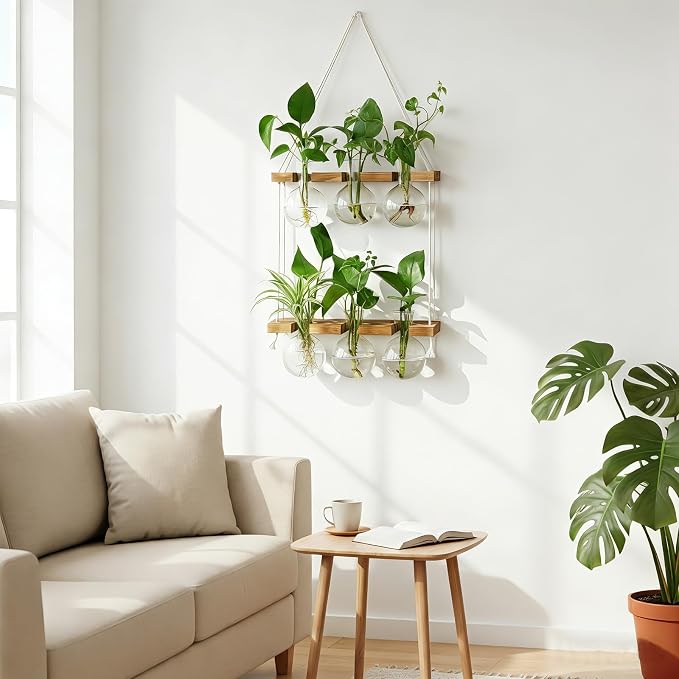 Renmxj Plant Propagation Station Wall Hanging with 2 Tiered Wooden Stand | Plant Terrarium for Hydroponics Plants, Unique Gardening Gifts for Women Mom Plants Lovers - 6 Bulb Glass Vases