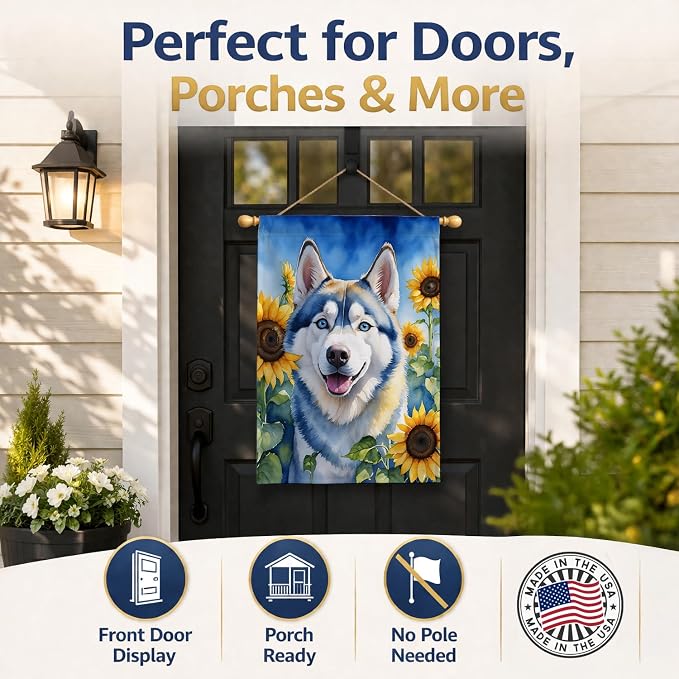 Caroline's Treasures DAC6163CHF Siberian Husky in Sunflowers House Flag Large Porch Sleeve Pole Decorative Outside Yard Banner Artwork Wall Hanging, Polyester, House Size, Multicolor