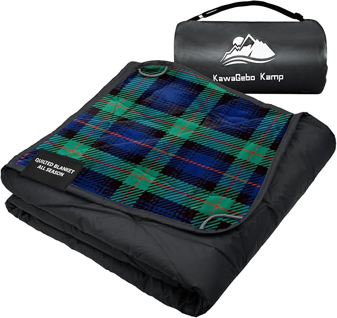 Large Waterproof Outdoor Blanket Thick Fleece 80" x 58" | Windproof Stadium Blanket, Wearable Poncho, Machine Washable for Camping, Car, Pet, Picnics - Green Check