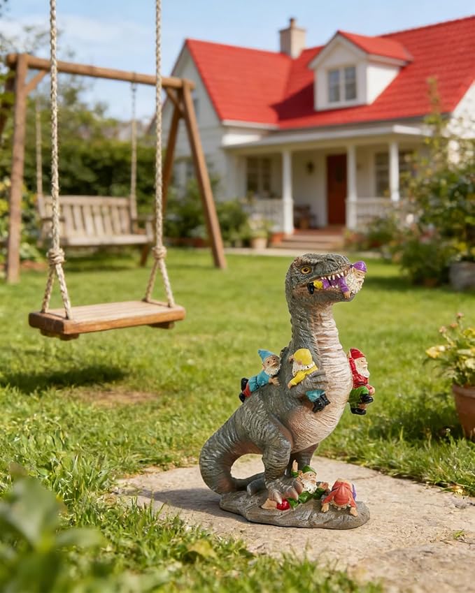 12-Inch Dinosaur Garden Gnome Statue, Outdoor Garden Decor | Funny Patio and Lawn Decoration, Gardening Gift for Women and Housewarming Present