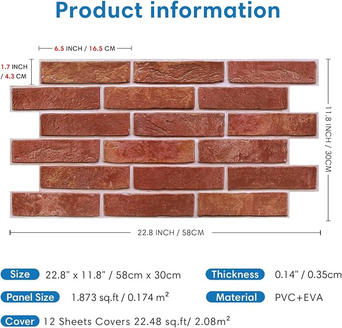 COMSTICKC 3D Red Faux Brick Wall Panel Peel and Stick Wall Stickers, 12 pcs of 22.8" x 11.8", DIY Lightweight PVC Fake Brick Decorative Wall Covering Backsplash Interior Decor,Covers 22.48 sq.ft