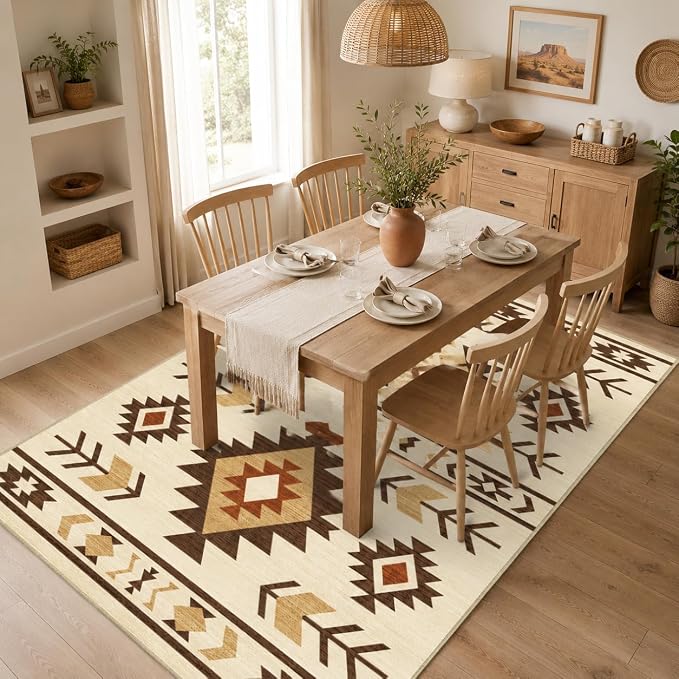 Western Area Rug 4x6 for Living Room, Southwestern Aztec Tribal Area Rugs Southwest Navajo Machine Washable Rug Non-Slip Printed Low-Pile Floor Carpet for Bedroom Dining Room Office, Camel