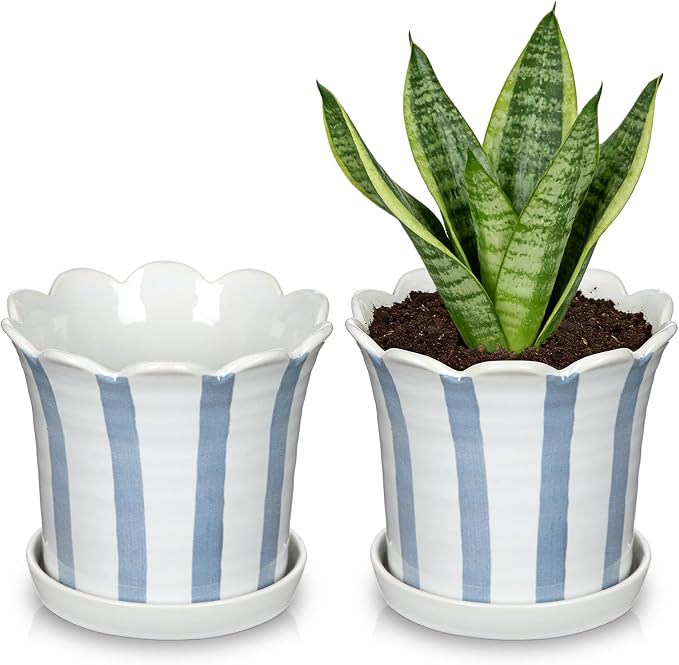 Ceramic Plant Pots, 5.8 Inch Planter Pot with Drainage Hole and Sauser, Stripe Ceramic Planters with Floral Edge for Indoor Succulent Flower Orchid Plants Home Room, Blue