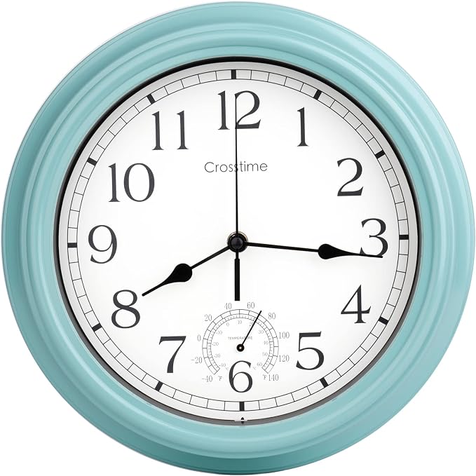 Crosstime 16 Inch Large Outdoor Clock Waterproof with Thermometer - Vintage Indoor Outdoor Wall Clocks for Patio,Pool,Garden,Home Decor - Teal