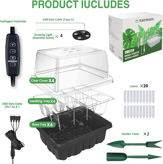YAUNGEL Seed Starter Tray with Grow Light, 4 Pack Seed Starter Kit with Timing Controller Adjustable Brightness, Thicken Seedling Starter Trays with Humidity Domes Heightened Lids, Black