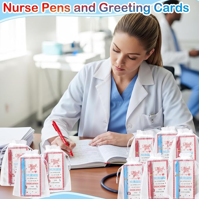 Marspark 30 Set Nurse Graduation Gift Bulk Nurses Ballpoint Pens and Greeting Cards with Bags Twist Ties for Nursing Student Medical Assistant Nurse Week Appreciation Hospital Clinic Staff Party Favor