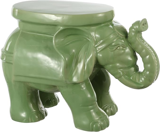 JONATHAN Y White Elephant 14.25" Glazed Ceramic Elephant Garden Stool, Weather-Resistant Indoor/Outdoor Patio Side Table and Plant Stand, Bohemian, Green TBL1007F