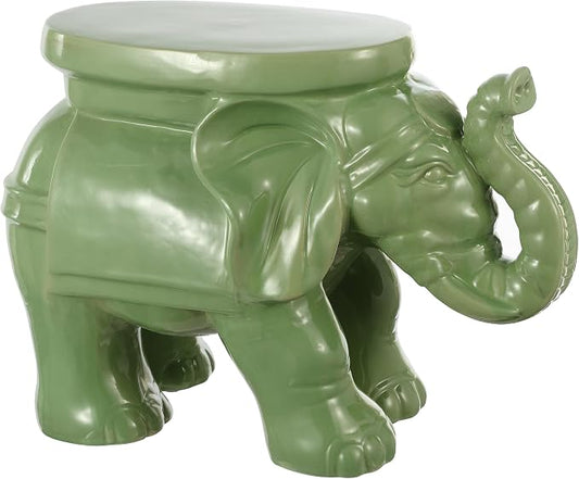JONATHAN Y White Elephant 14.25" Glazed Ceramic Elephant Garden Stool, Weather-Resistant Indoor/Outdoor Patio Side Table and Plant Stand, Bohemian, Green TBL1007F