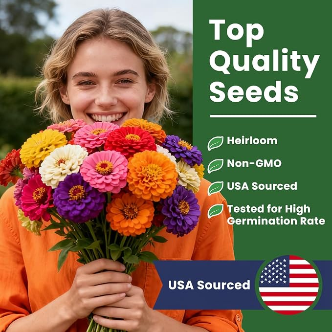 10000+ Zinnia Dahlia Seeds Flower Seeds for 2026 Planting, 2.82 Oz, 5 Varieties (Pink, Yellow, Orange, White, Purple), 80G Mixed Colors and Large Blooms, Open Pollinated - Bulk