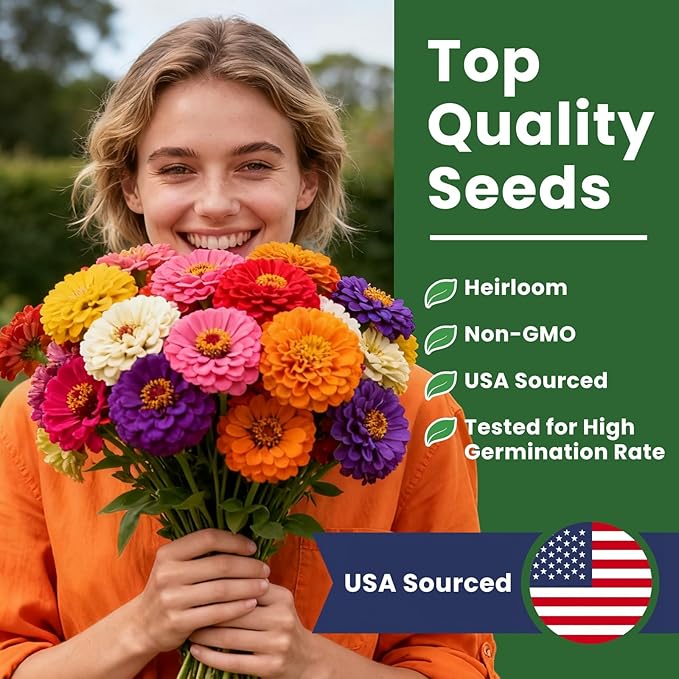 1000+ Zinnia Dahlia Seeds Flower Seeds for 2026 Planting, 0.35 Oz, 5 Varieties (Pink, Yellow, Orange, White, Purple), 10G Mixed Colors and Large Blooms, Open Pollinated - Bulk
