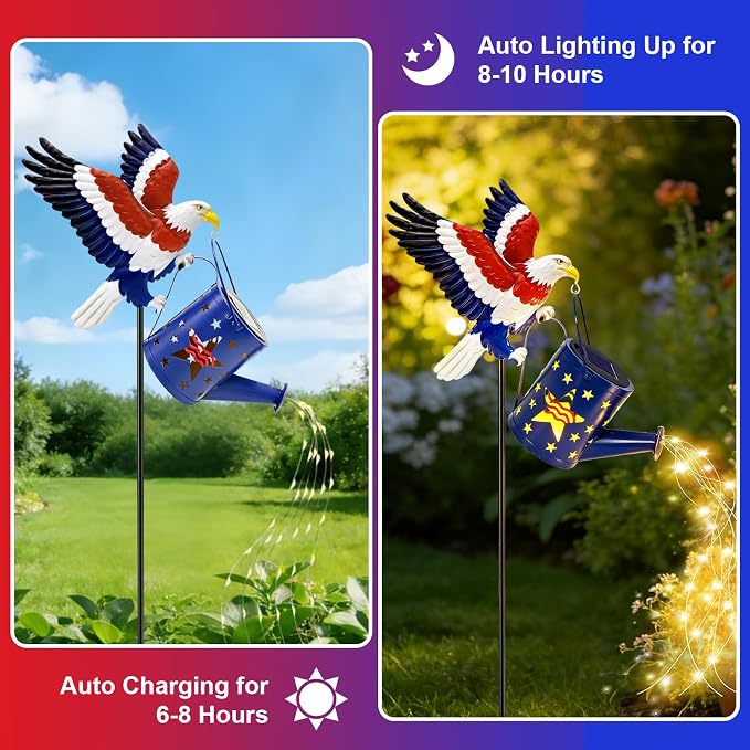 USA 250th Anniversary Solar Eagle Watering Can Lights, 29.9in Metal Eagle with Solar Lights, 4th of July Decorations Patriotic Independence Outdoor for Memorial Day Veterans Day Yard Patio Lawn Decor