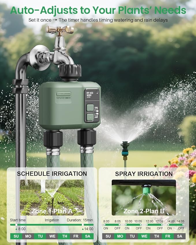 WiFi Water Timer 2 Zone for Garden Hose, Smart Sprinkler Timer with 984ft RF Range, Smart Lawn Watering System Irrigation Controller, APP/Voice Control, Rain Delay, Automatic/Manual Irrigation