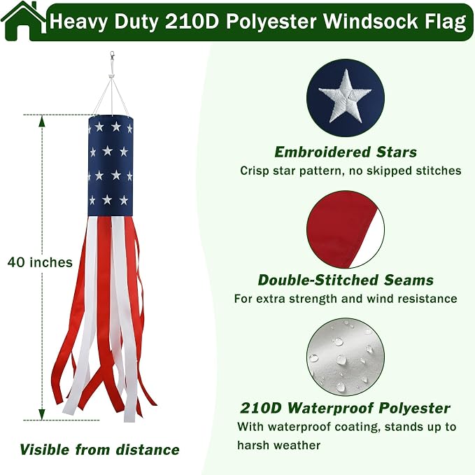 Windsocks Kit for Outside House, 4th of July Decorations US Flag 40 Inch Wind Socks with 6FT Stainless Steel Flagpole with Flag Holder and Rings(Black)