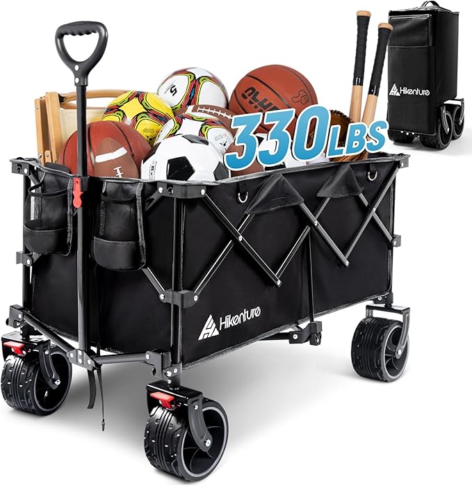 Hikenture Foldable Beach Wagon with Big Wheels for Sand, 330 lbs Capacity | Large wagon for beach, camping, sports & grocery hauling; Big wheels for sand & gravel; One-hand fold