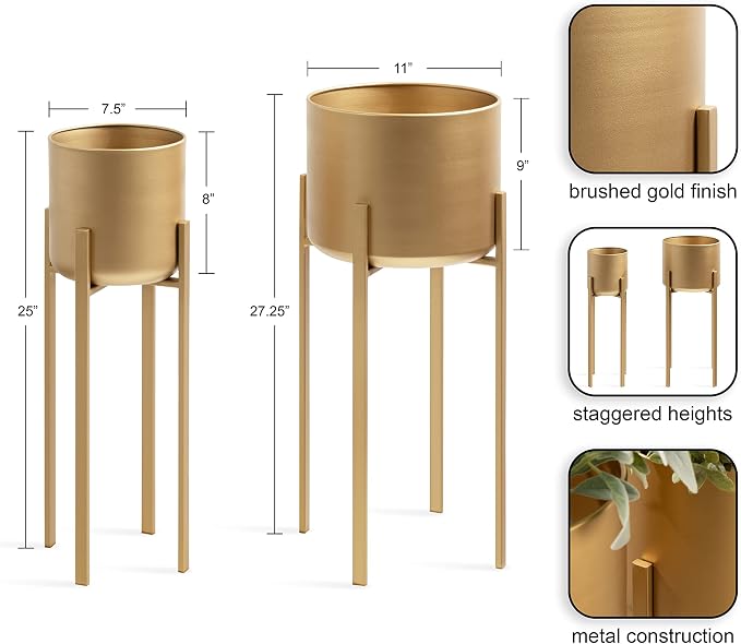 Kate and Laurel Gabi Decorative Glam Metal Planters; Set of 2; Satin Gold; Modern Metallic Indoor Planter Set for Display and Decoration for Use as Living Room Planters or Porch Plant Stands