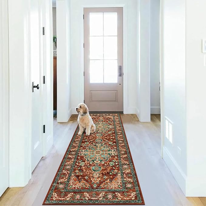 U'Artlines 2' x 6' Boho Hallway Runner Rug, Washable Carpet, Rust＆Teal | Non Slip, Vintage Farmhouse Accent Area Rug Carpet, for Kitchen Entryway Laundry and Living Room