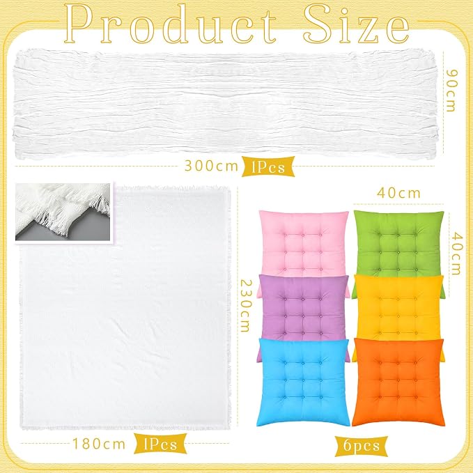 8 Pcs Fit for 6 People 91 x 71'' Extra Large Outdoor Picnic Blanket with Bright Table Runner and Floor Pillow Cushion Fit for 6 People Picnic Wedding Birthday Baby Shower Backyard Decor